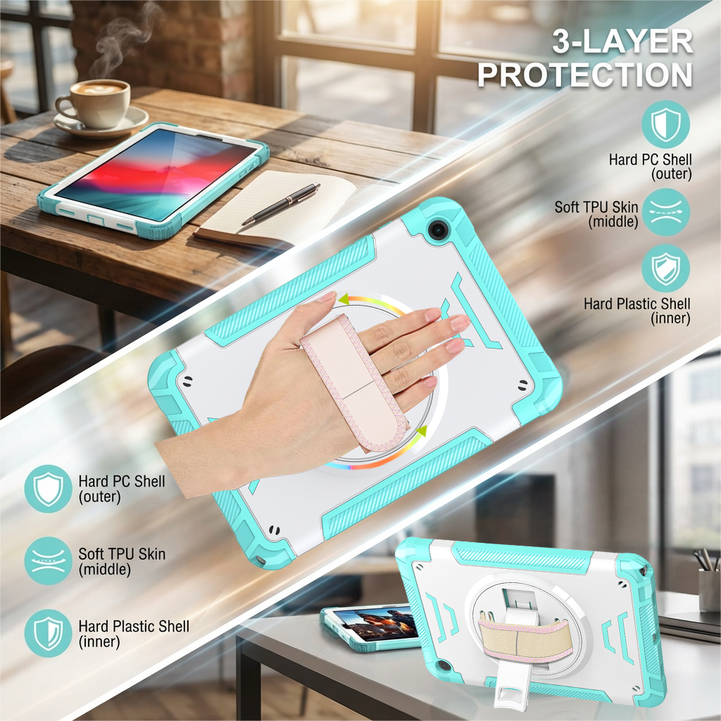 TOZIZO Galaxy Tab A9 Plus TPU Tablet Case, Triple-Layer Rugged Protective Cover with 360° Rotation Disk, Built-in Kickstand, Hand Strap & Drop Protection