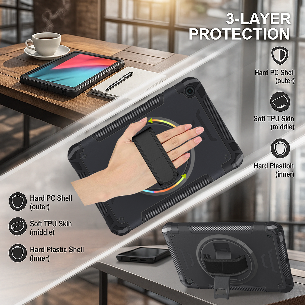 TOZIZO Samsung Galaxy Tab A9 Plus 3-Layer Heavy Duty Rugged Case, Full-Body TPU Shockproof Tablet Case with Multi-Angle Kickstand & Rotating Hand Strap
