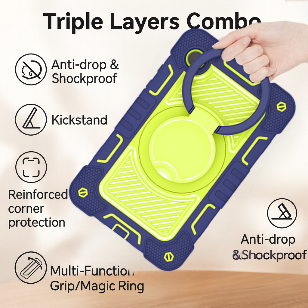 TOZIZO Samsung Galaxy Tab A9 Full-Body Silicone Rugged Case, Anti-Drop 3-Layer Protective Cover with Multi-Function Grip, Rotation Disc & Kickstand