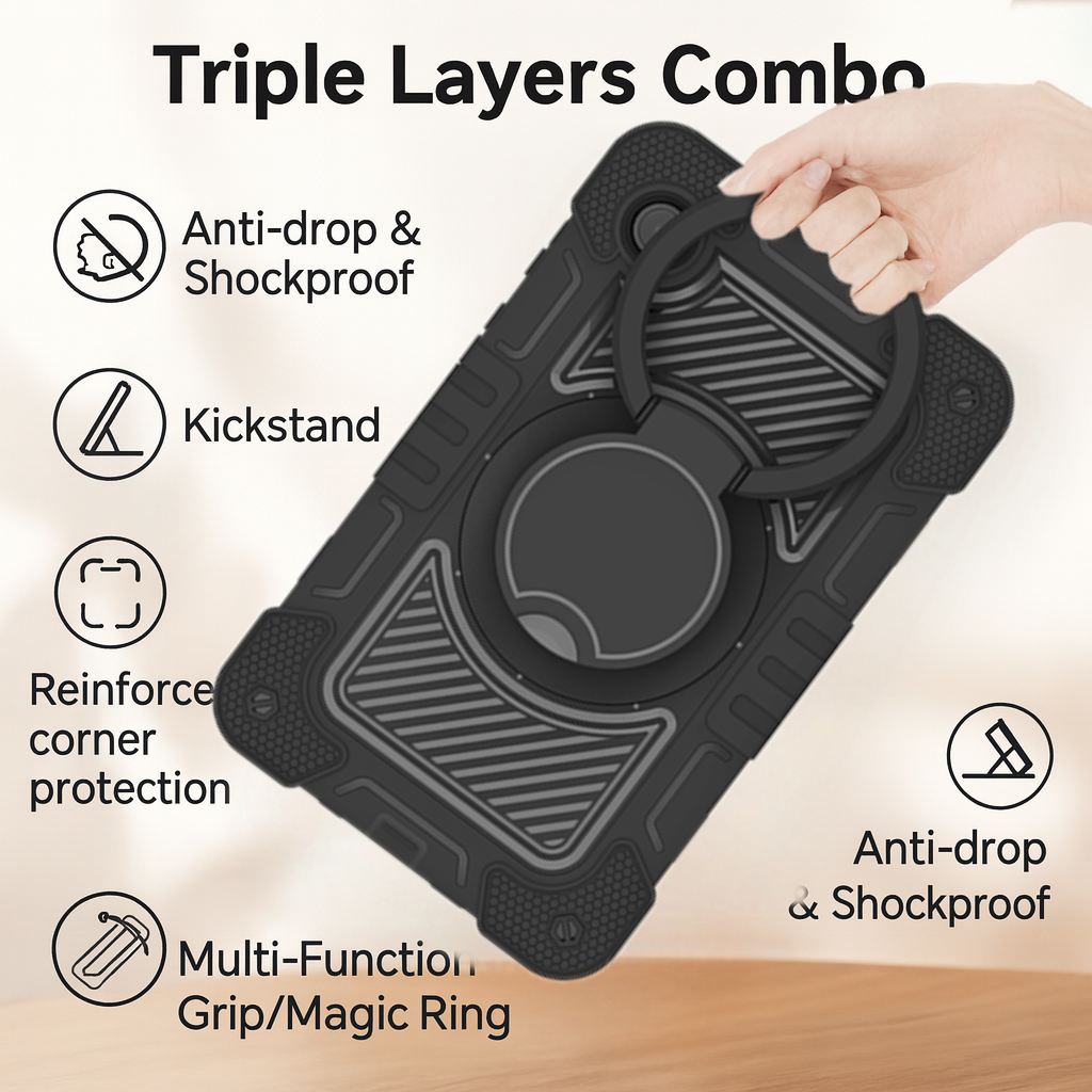 TOZIZO Samsung Galaxy Tab A9 Silicone Tablet Case, Triple-Layer Rugged Full-Body Protection with 360° Rotation Disc & Multi-Function Magic Ring Grip