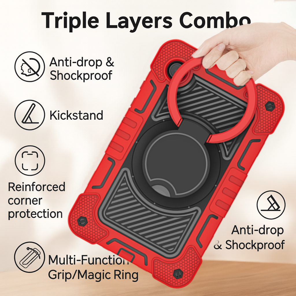 TOZIZO Galaxy Tab A9 3-Layer Heavy Duty Rugged Silicone Case, Shockproof Protective Tablet Cover with 360° Rotation Ring & Carry Strap