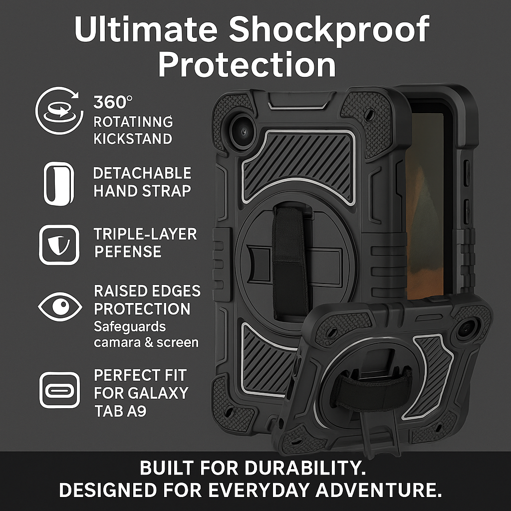 TOZIZO Black Rugged Case for Samsung Galaxy Tab A9 8.7 with 360° Kickstand & Shoulder Strap