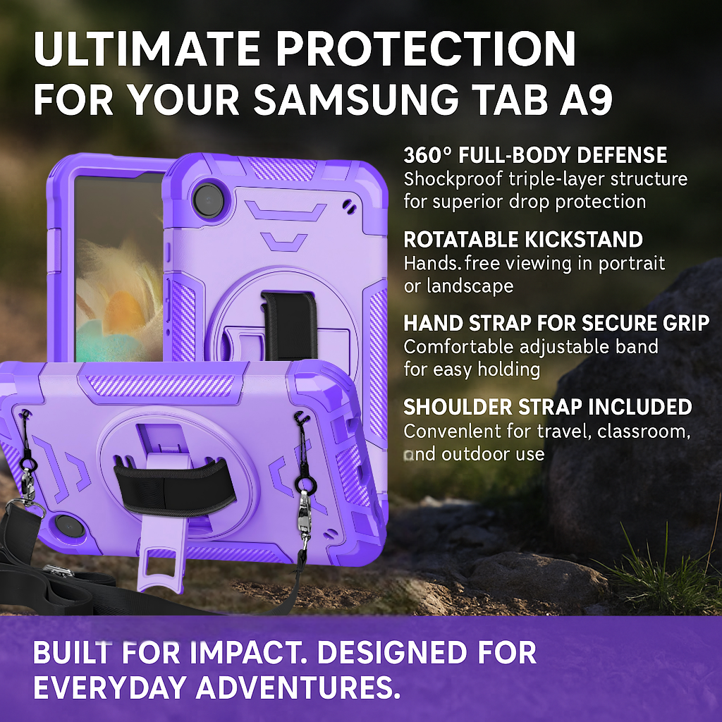 TOZIZO Full-Body Samsung Tab A9 Protective Tablet Case, Triple-Layer Rugged Armor with Built-in Kickstand and 360° Swivel Hand Strap