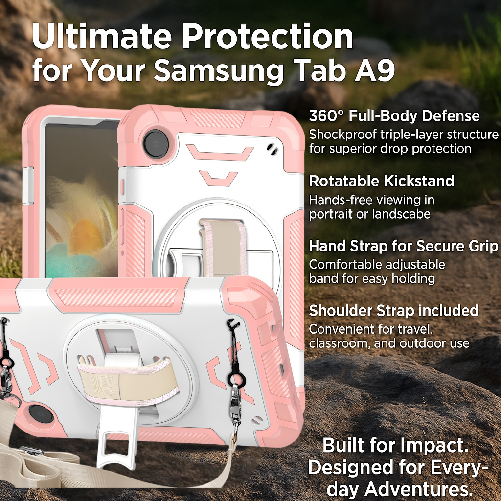 TOZIZO Heavy Duty 3-Layer Samsung Tab A9 Case, Shockproof TPU Full-Body Cover with Hand Strap, Shoulder Strap & Multi-Angle Kickstand