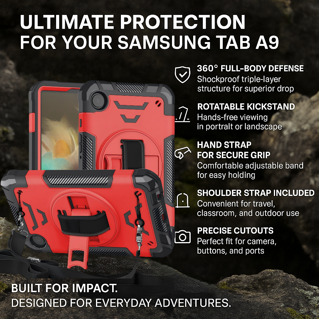 TOZIZO 3-Layer Shockproof Samsung Tab A9 Tablet Case, Rugged Full-Body Protection with 360° Rotation, Hand/Shoulder Strap & Stand