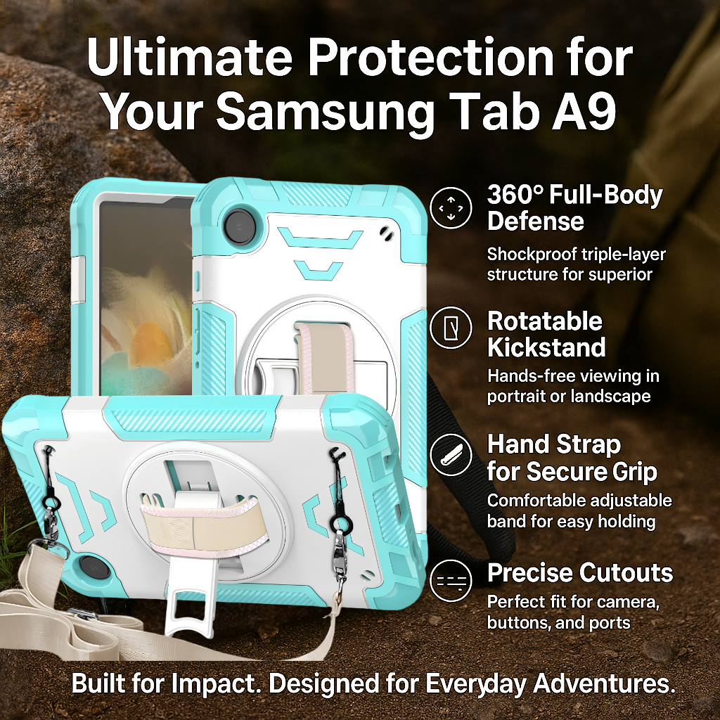 TOZIZO Samsung Galaxy Tab A9 Heavy Duty Rugged Case with Multi-Angle Kickstand, Shockproof TPU Bumper & Rotating Grip Disk