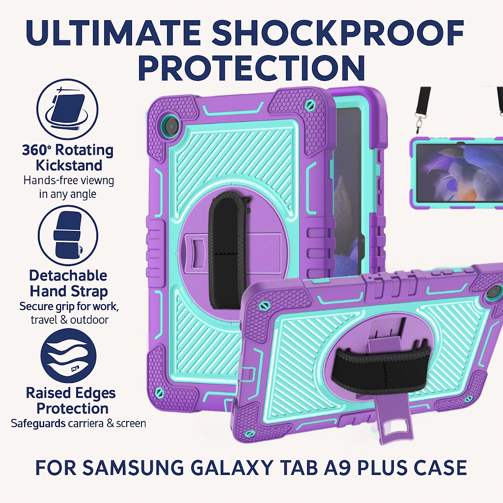 TOZIZO Samsung Galaxy Tab A9 Plus Rugged Tablet Case with 3-Layer Full-Body Protection, 360° Rotating Hand Strap & Built-in Kickstand