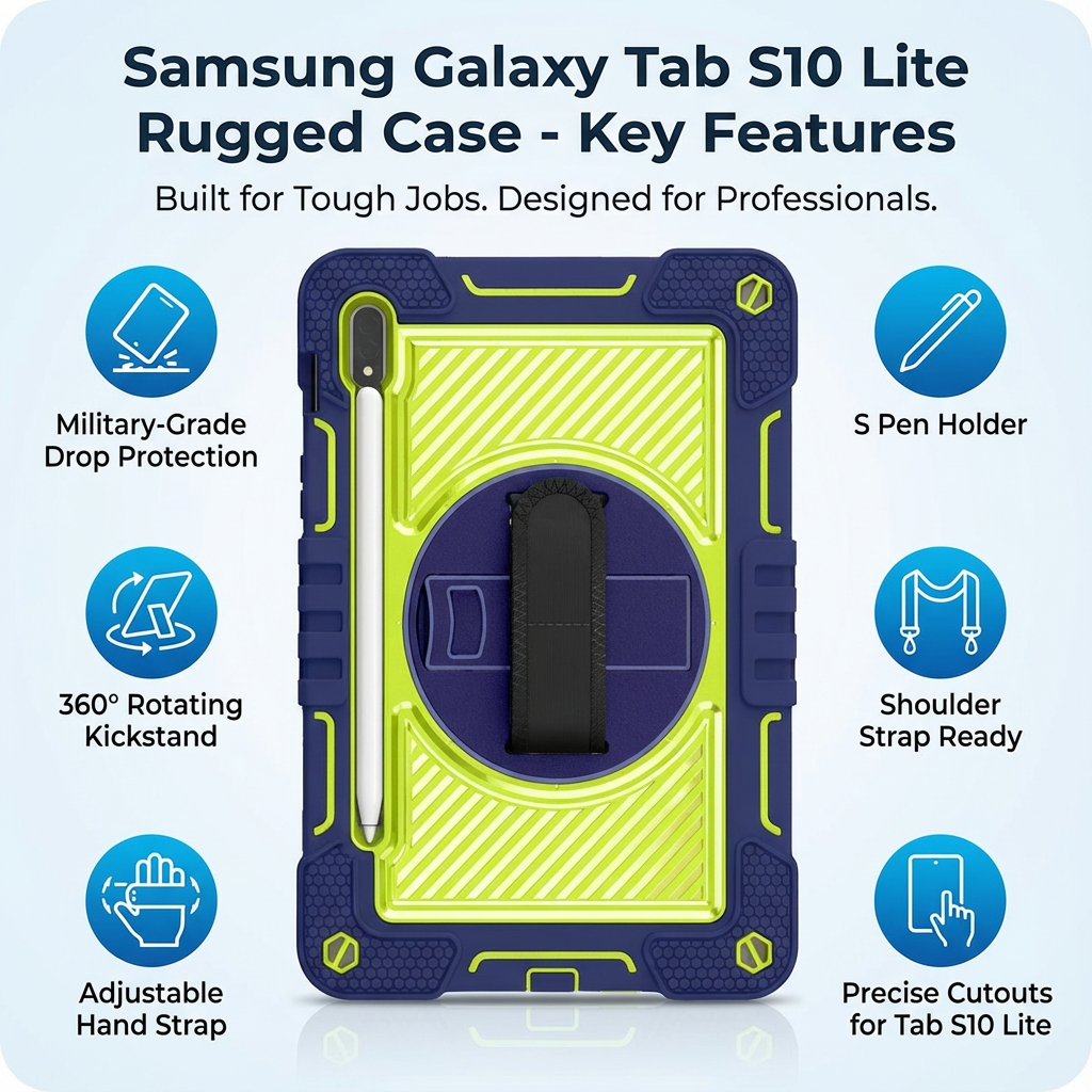 TOZIZO Samsung Tab S10 Lite Shockproof Rugged Case, 3-Layer Silicone Protective Tablet Cover with Multi-Angle Kickstand and Hand/Shoulder Strap