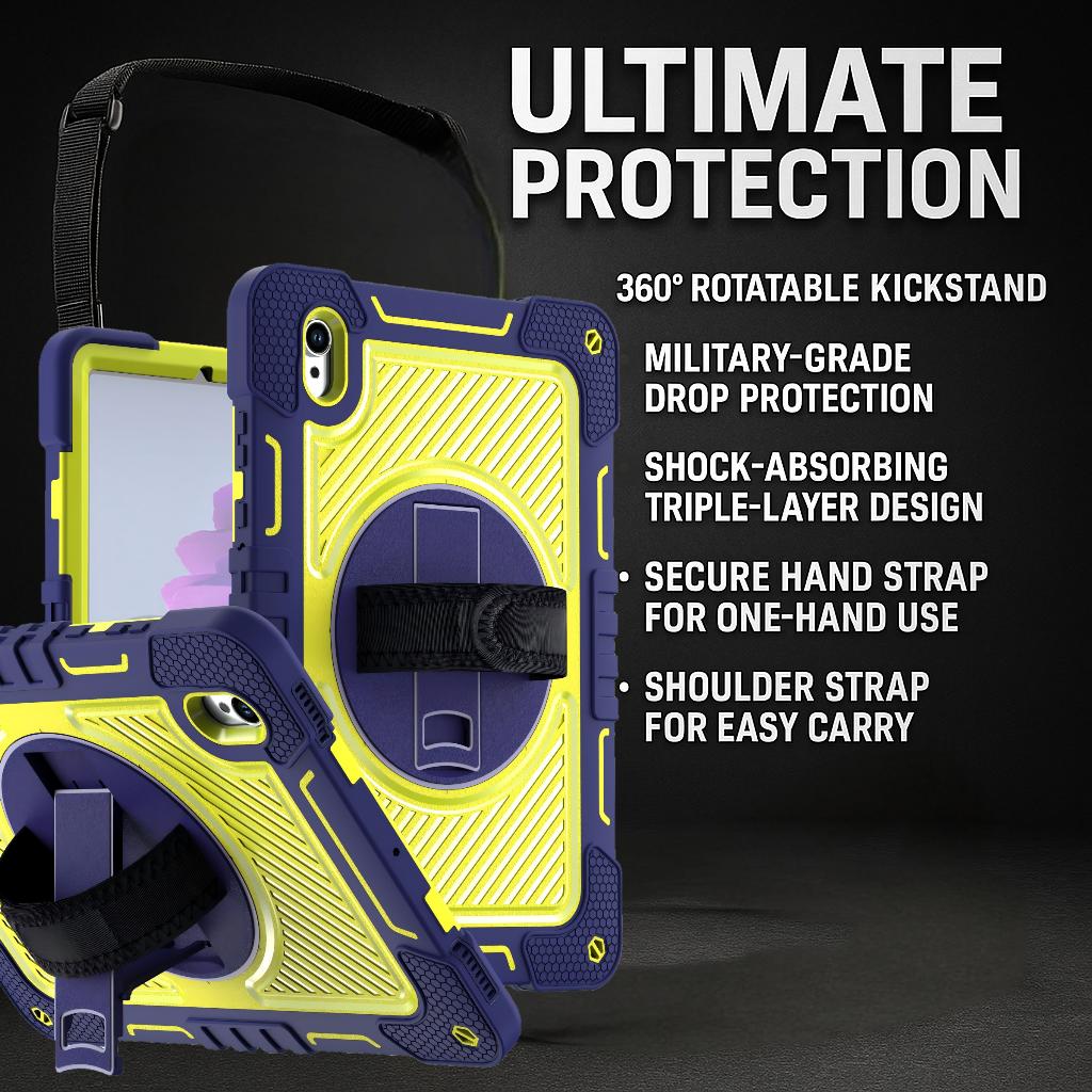 TOZIZO Galaxy Tab S11 Silicone Full-Body Rugged Case, Triple-Layer Anti-Drop Shockproof Cover with 360° Swivel Kickstand & Carry Strap