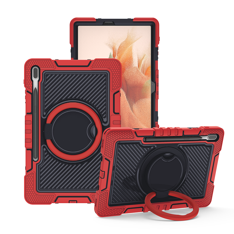 TOZIZO Heavy Duty Rugged Tablet Case for Samsung Tab S7 FE 12.4” – Red & Black Shockproof 3-Layer Kickstand Cover with 360° Grip Ring