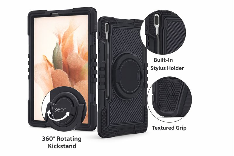 TOZIZO Black Rugged Samsung Tab S8 Plus Case with Shockproof 3-Layer Protection & 360° Stand