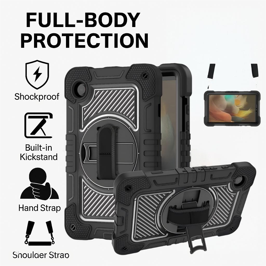 TOZIZO Black Heavy Duty Rugged Samsung Tab A11 Tablet Case, 3-Layer Full-Body Protection with Adjustable Strap