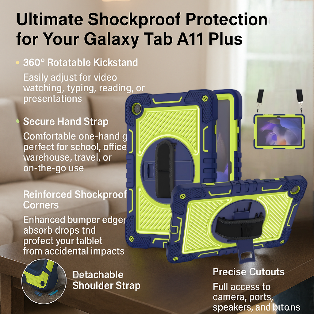 TOZIZO Durable Kids-Safe Protective Case for Samsung Tab A11 Plus with Carrying Strap and Rotating Stand