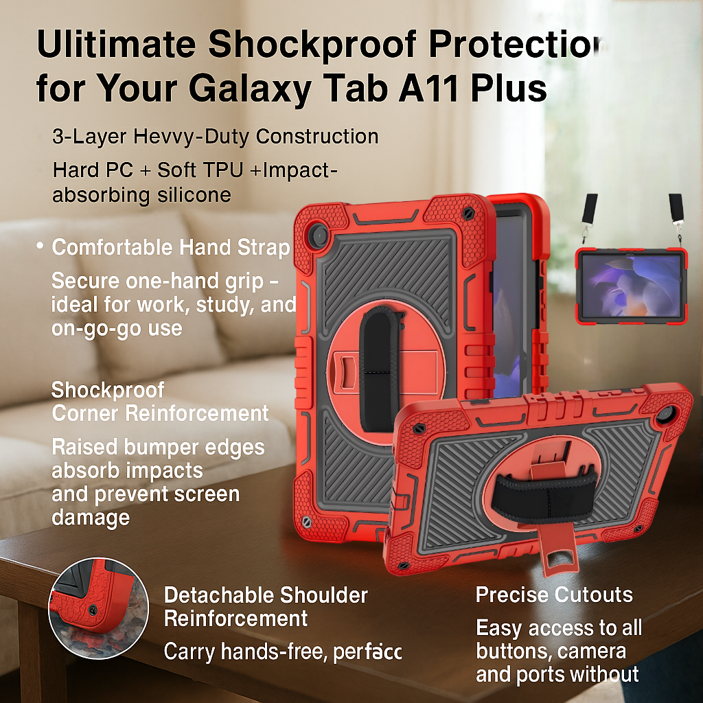 TOZIZO Three-Layer Shockproof Tablet Case for Samsung Tab A11 Plus with Kickstand & Grip Strap