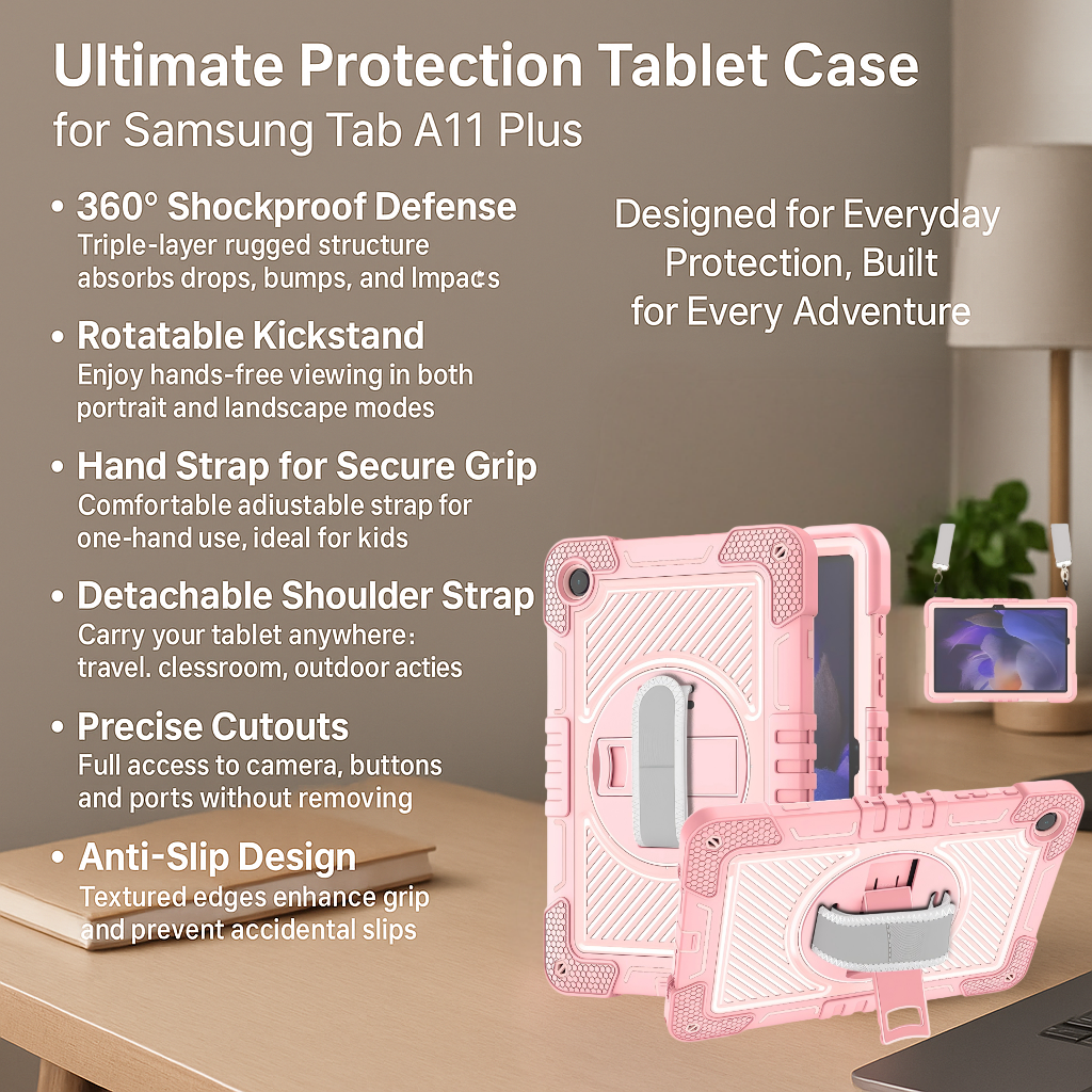 TOZIZO Full-Body Armor Case for Samsung Tab A11 Plus – Stand, Strap, and Impact-Resistant Design