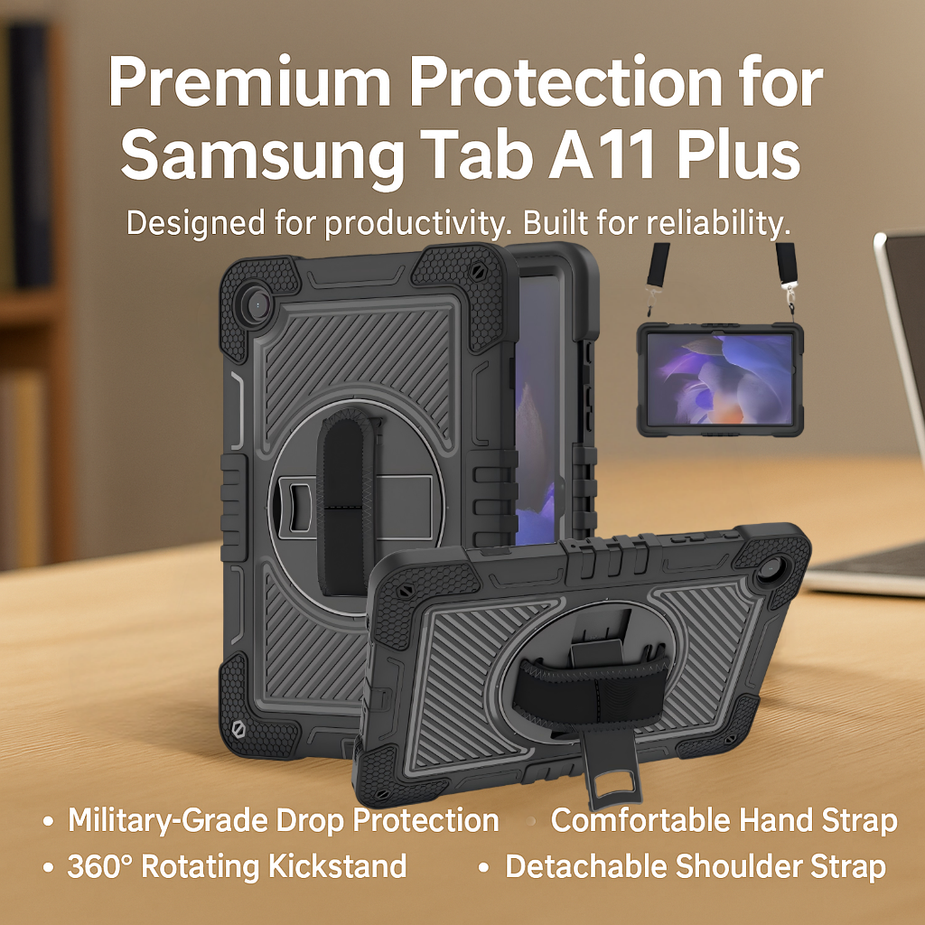 TOZIZO Rugged Shockproof Case for Samsung Tab A11 Plus with 360° Rotating Kickstand & Shoulder Strap