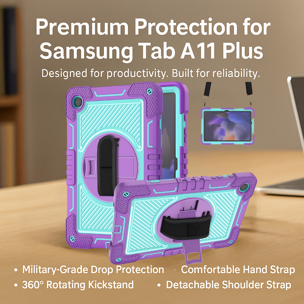 TOZIZO Samsung Tab A11 Plus Rugged Cover with 360° Stand, Hand Grip & Adjustable Shoulder Strap