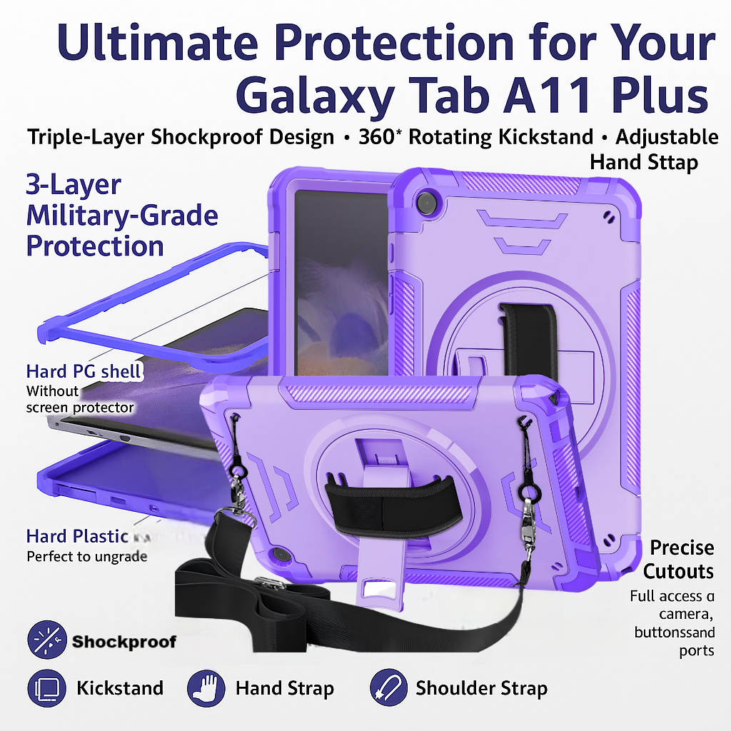 TOZIZO Samsung Tab A11 Plus 11-inch Rugged Protective Case, Heavy Duty 3-Layers TPU Tablet Case with Rotating Kickstand and Strap for Drop Protection