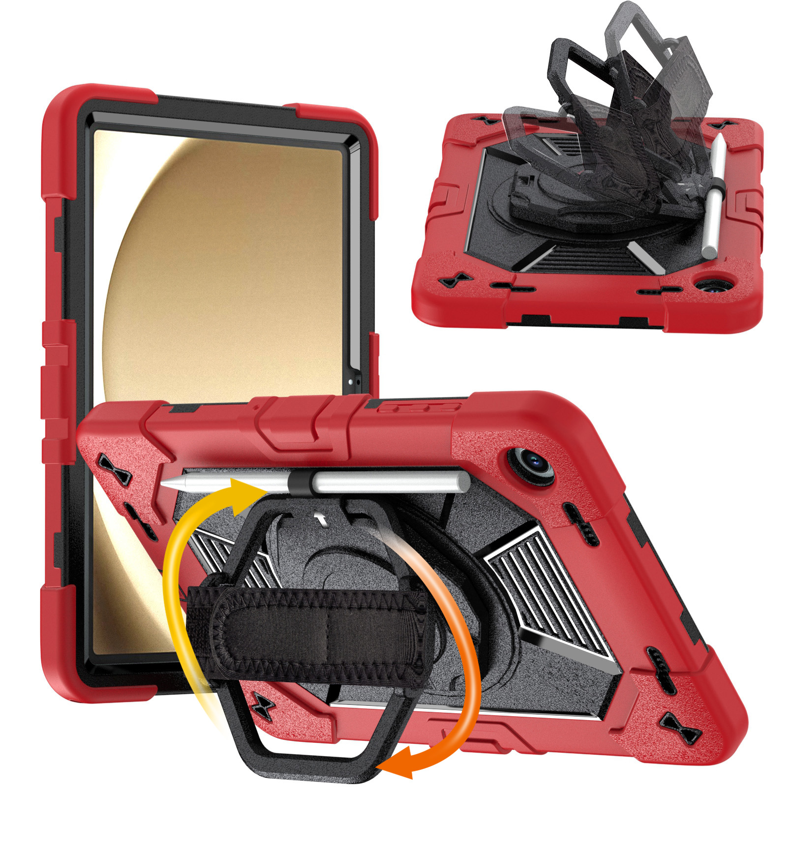 TOZIZO Rugged Shockproof Samsung Galaxy Tab A11 Plus Case 11 Inch 360° Swivel Stand with Hand Strap Red Black Armor Cover