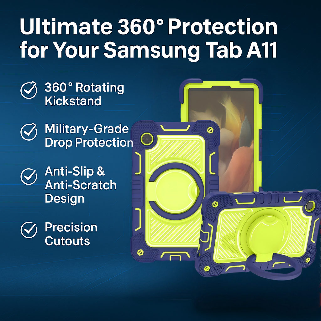 Full-Body Protective Samsung Tab A11 Case – Heavy Duty Shockproof Tablet Cover with 3-Layer Construction & Magic Ring Stand