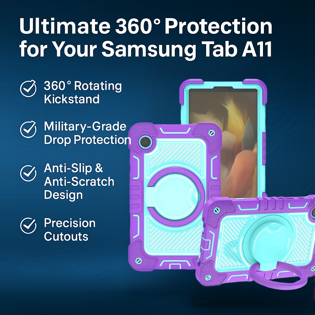 Samsung Tab A11 Shockproof Tablet Case – Full-Body 3-Layer Protective Cover with 360° Rotatable Handle Grip & Adjustable Strap