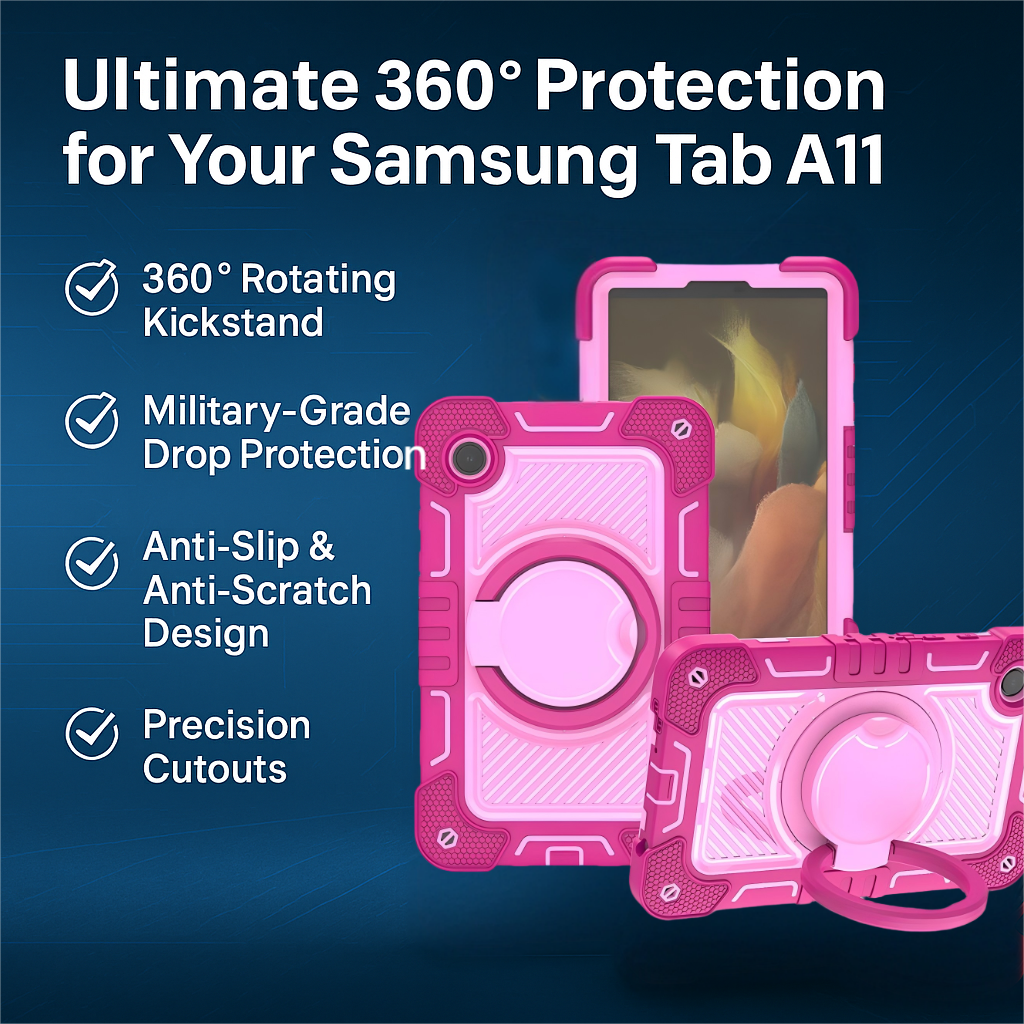 Heavy Duty Rugged Samsung Tab A11 Case – Triple-Layer Shockproof Silicone Tablet Case with Multi-Angle Kickstand & Magic Ring Handle
