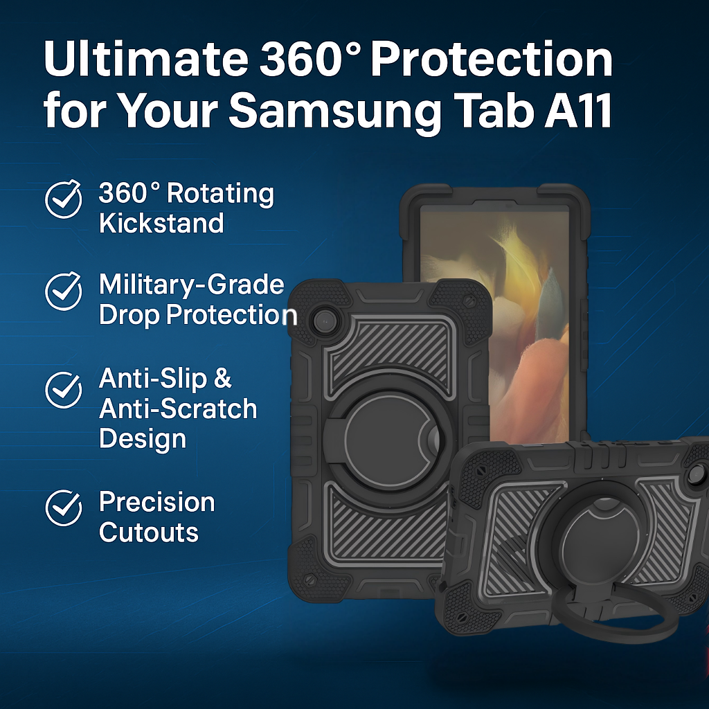 Kids-Friendly Samsung Tab A11 Silicone Tablet Case – Rugged Drop-Proof Design with Multi-Function Rotating Ring Kickstand