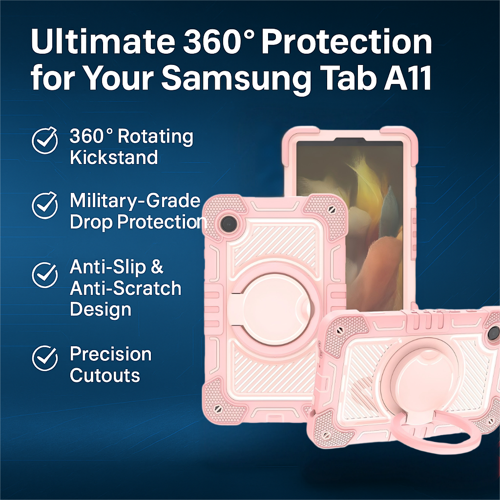 360° Rotation Samsung Tab A11 Rugged Tablet Case – Anti-Drop Triple-Layer Armor Cover with Detachable Strap & Kickstand