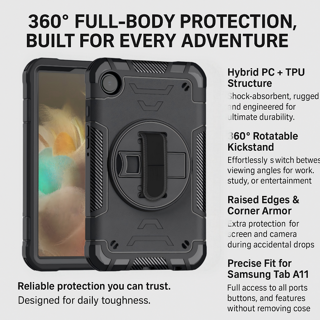 TOZIZO 2025 Samsung Tab A11 Rugged Case, Triple-Layer Hybrid PC+TPU Tablet Cover with Built-in Kickstand for Kids Learning & Drop Protection