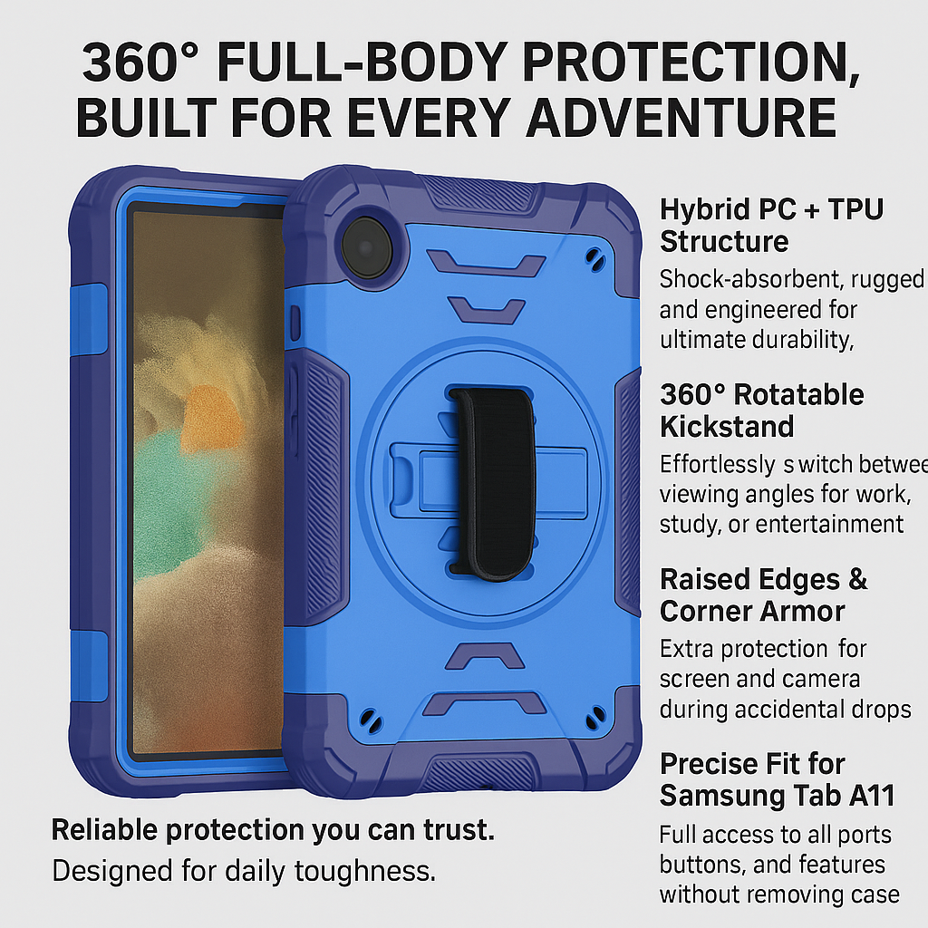 TOZIZO Heavy Duty Samsung Tab A11 Tablet Case 2025, 3-Layer PC+TPU Rugged Protective Case with Hand Strap & Multi-Angle Kickstand