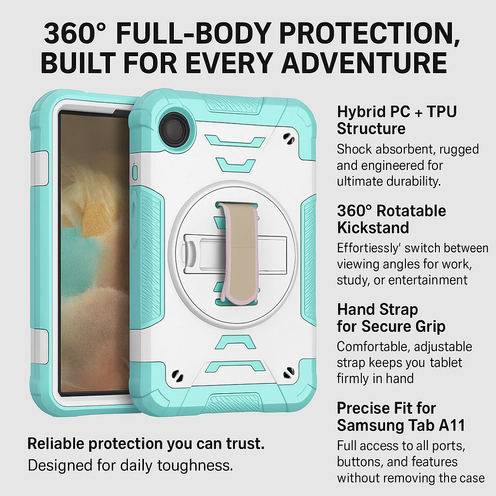 TOZIZO Samsung Tab A11 Shockproof Tablet Case, Heavy Duty 3-Layers Rugged Case with Multi-Angle Kickstand, Hand/Shoulder Strap