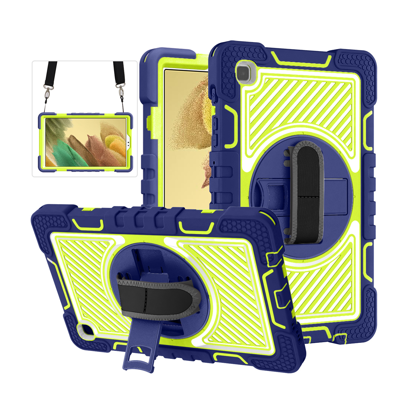 TOZIZO Samsung Tab A7 Lite 360° Rotating Tablet Case with Kickstand & Strap – Navy Blue + Yellow-Green