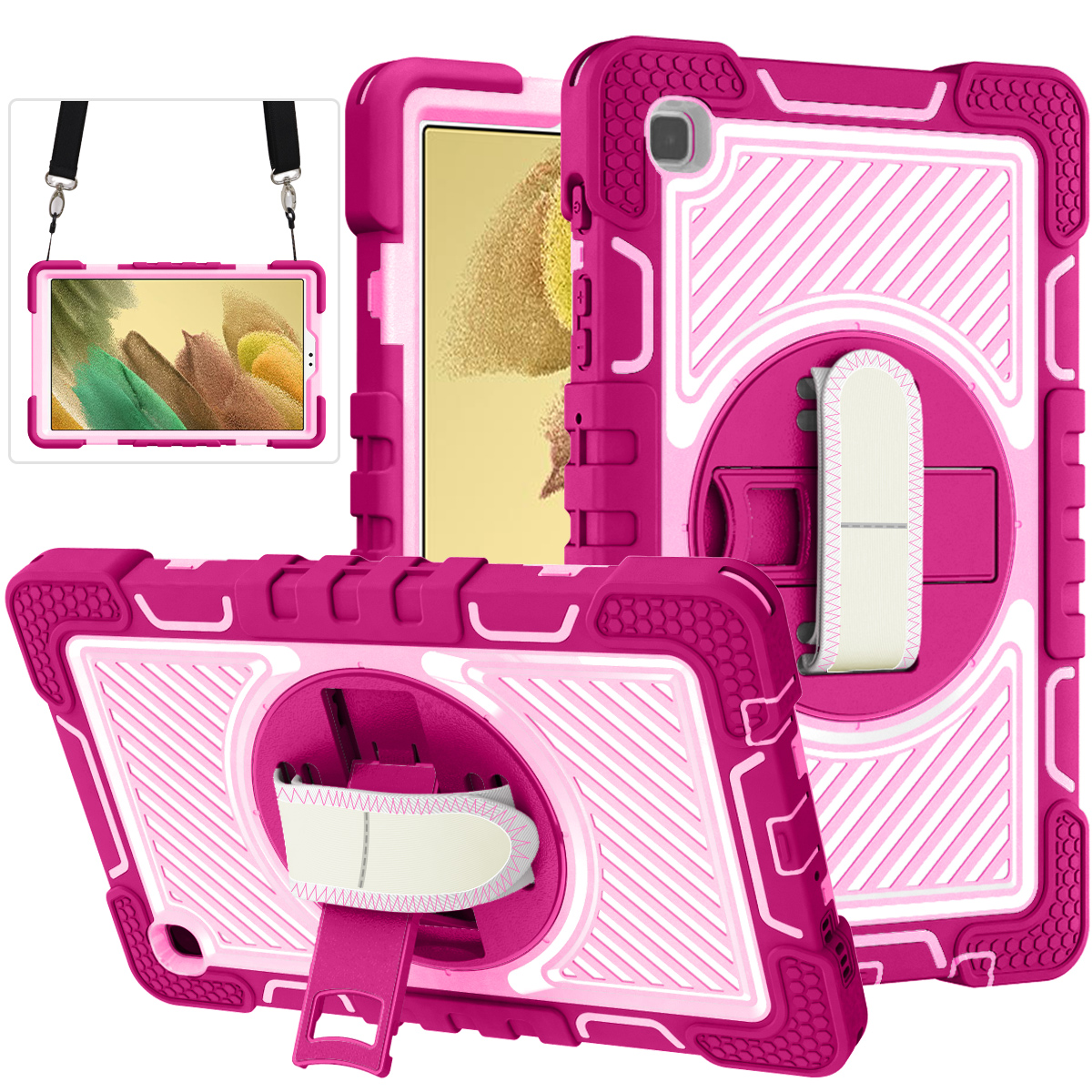 TOZIZO Rose Red + Pink Rugged Case for Samsung Tab A7 Lite with Strap and 360° Kickstand