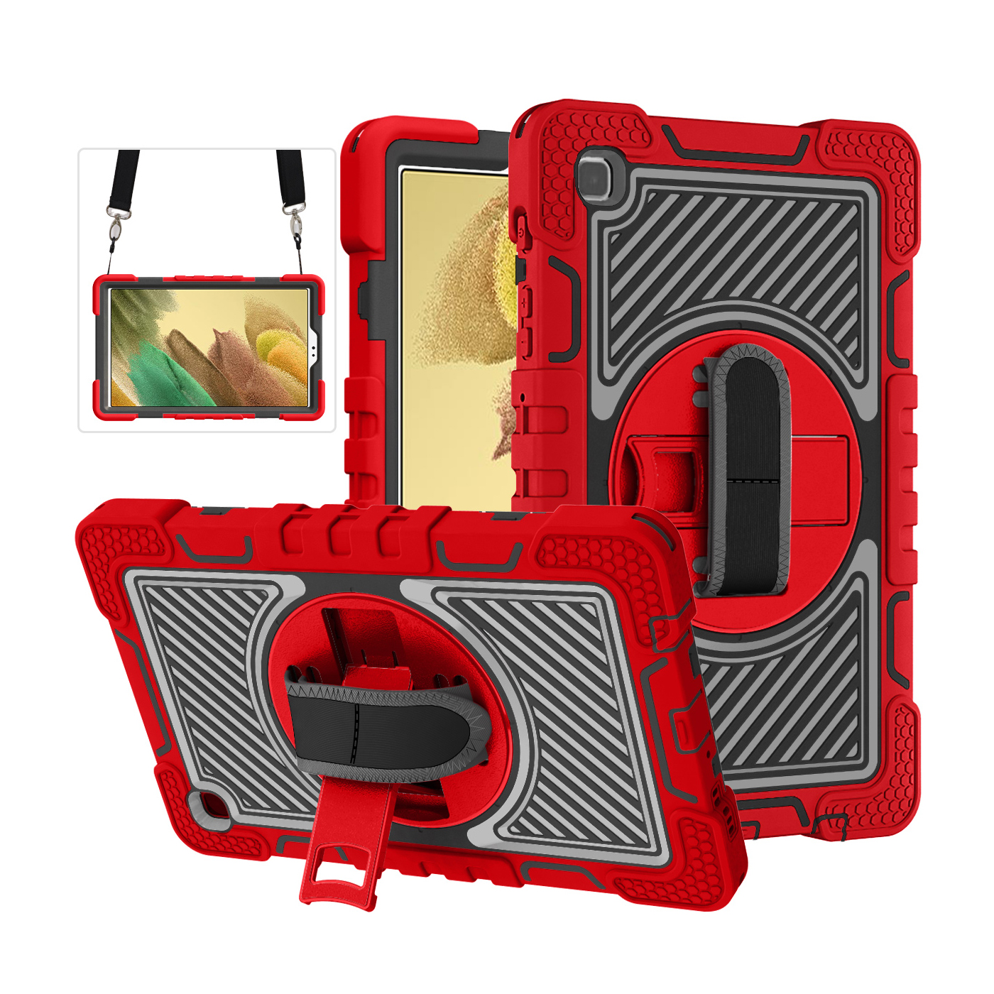 TOZIZO Heavy Duty Samsung Tab A7 Lite Tablet Case with Strap & Rotating Kickstand - Red + Black