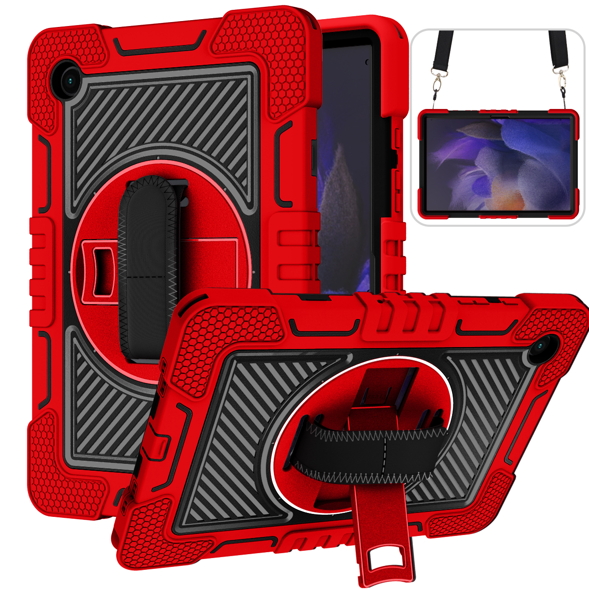 TOZIZO Silicone Rugged Case for Samsung Tab A8 with Kickstand & Strap - Red Black