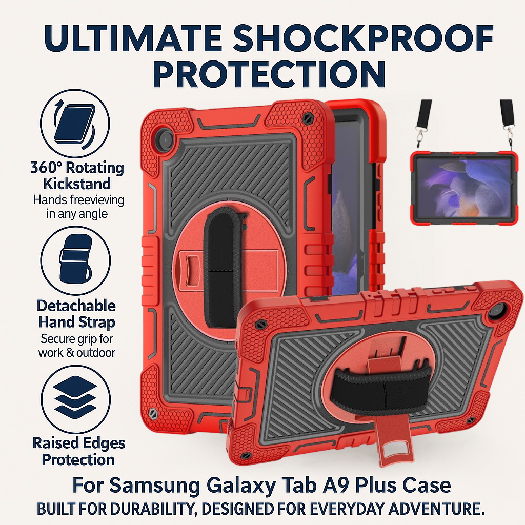 TOZIZO Full-Body Protective Samsung Galaxy Tab A9 Plus Tablet Case, Shockproof Silicone Cover with Built-in Kickstand & 360° Rotation Disc