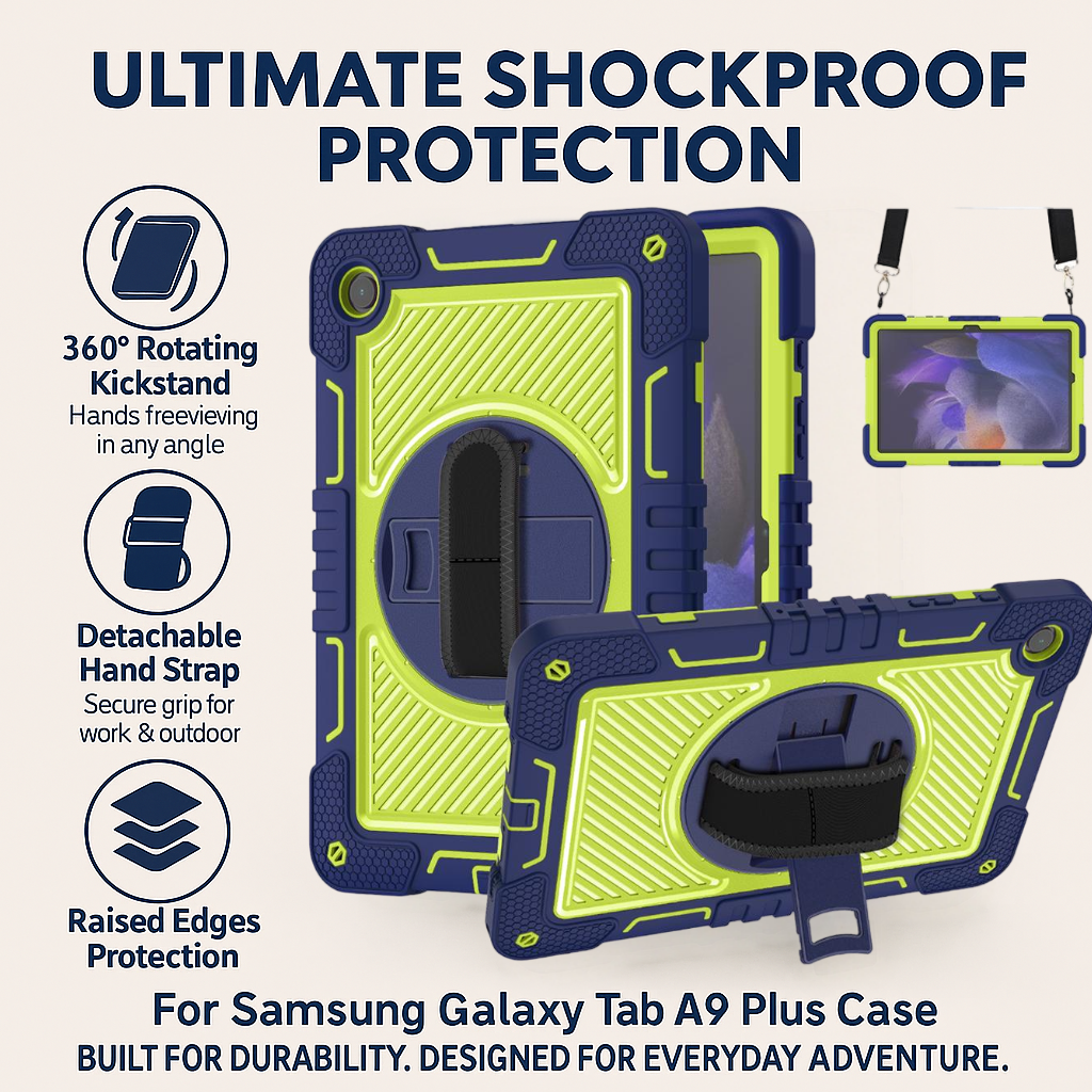 TOZIZO Samsung Tab A9 Plus Rugged Shockproof Case for Kids, Triple-Layer Drop-Proof Tablet Cover with Multi-Angle Kickstand & Strap