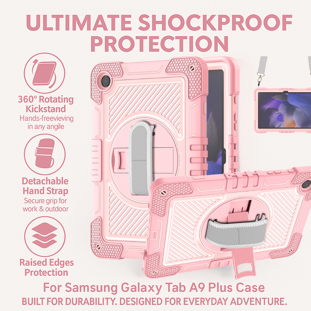 TOZIZO Samsung Tab A9 Plus 3-Layer Heavy Duty Rugged Case with 360° Rotating Grip, Kickstand & Adjustable Hand/Shoulder Strap