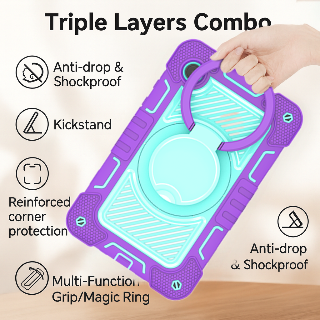 TOZIZO Samsung Galaxy Tab A9 Kids Education Tablet Case, Triple-Layer Silicone Rugged Case with Multi-Angle Kickstand & Rotating Grip Disk