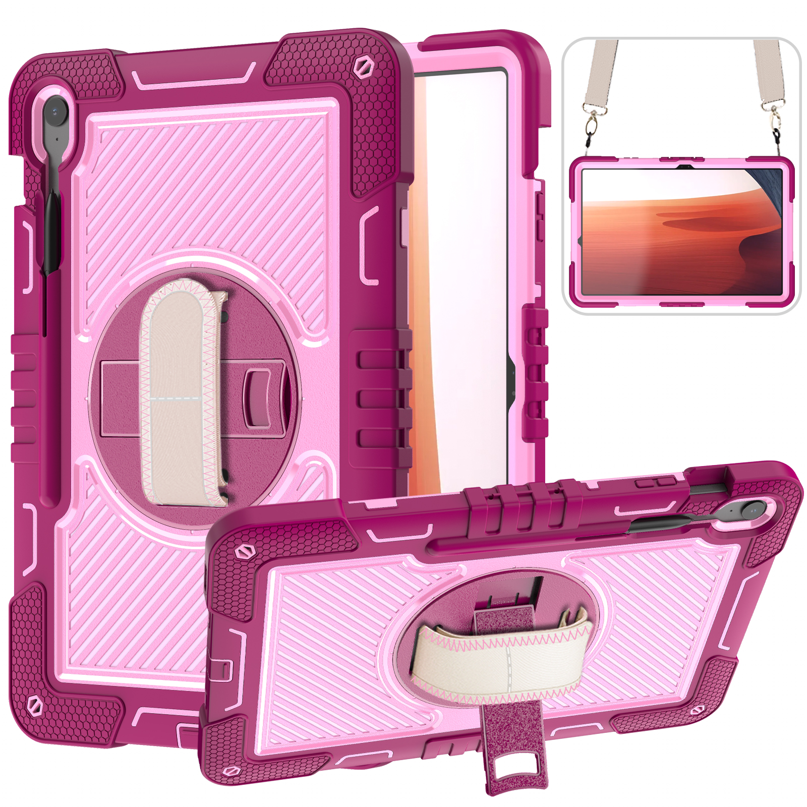 TOZIZO Rose Red & Pink Rugged Tablet Case for Samsung Tab S10 FE+ with Kickstand & Strap