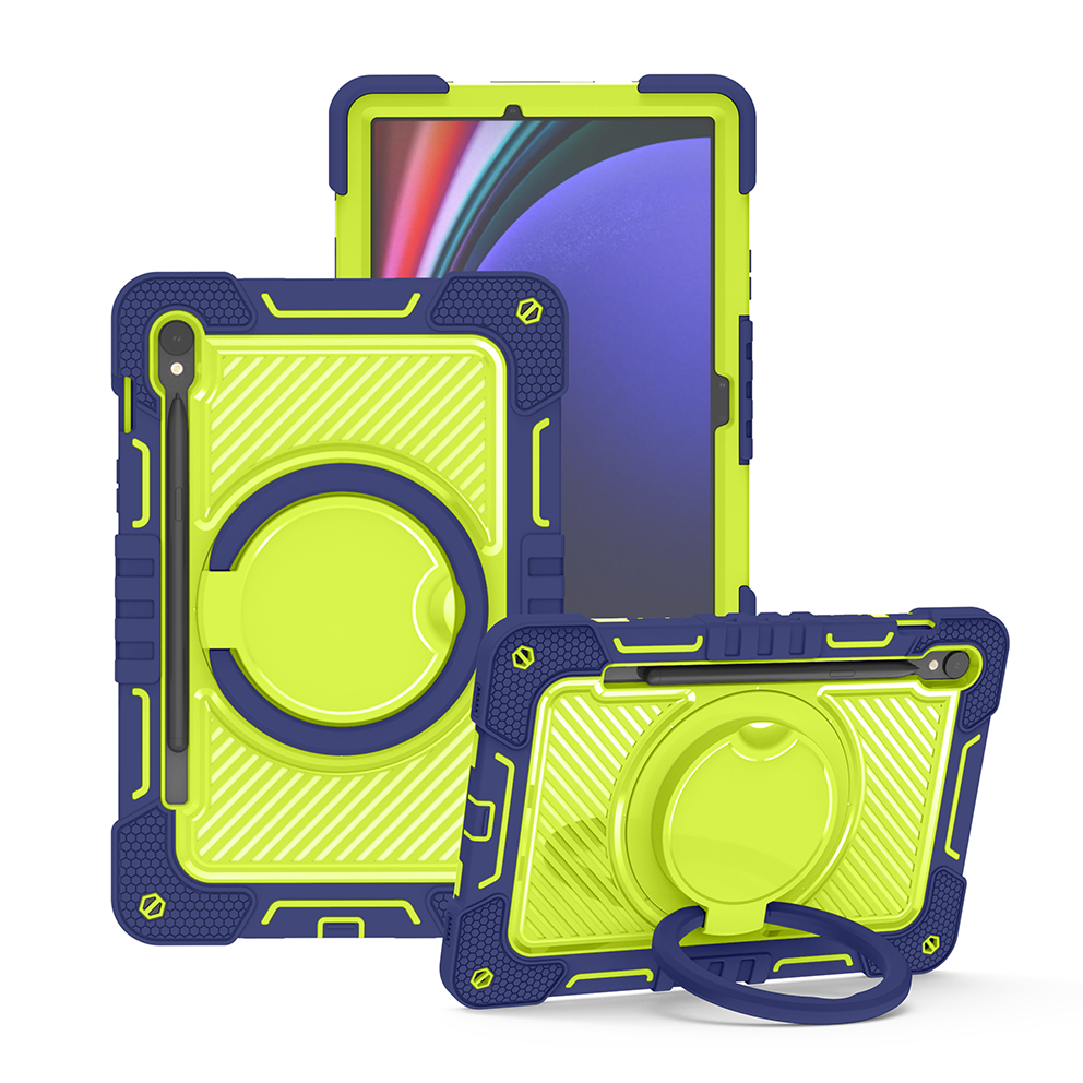 TOZIZO Heavy Duty Rugged Case with 360° Rotation for Samsung Tab S10 FE - Navy Blue + Yellow Green