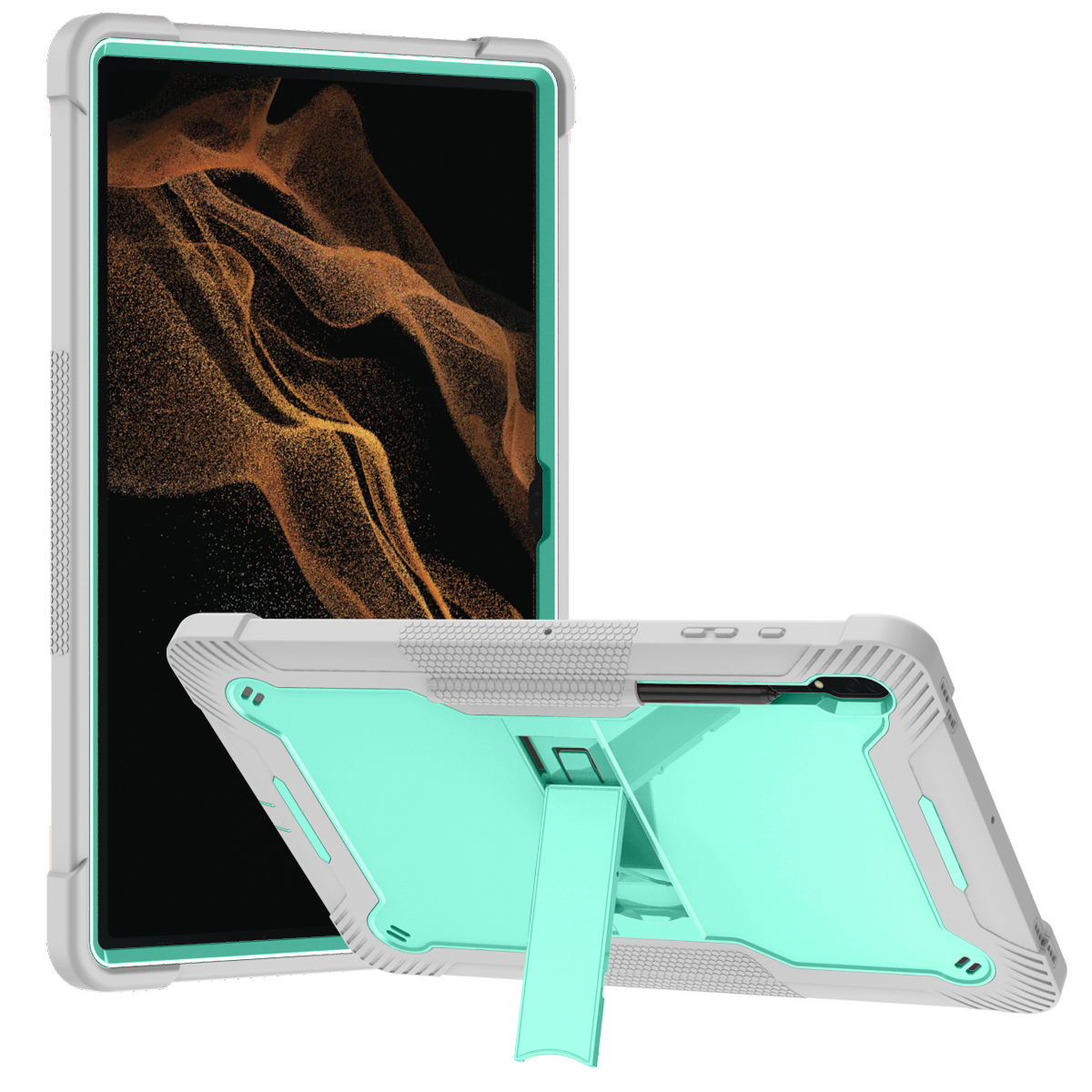 TOZIZO Mint Green Gray Samsung Galaxy Tab S10 Ultra Rugged Tablet Case with Kickstand Shockproof 3 Layer Armor Cover