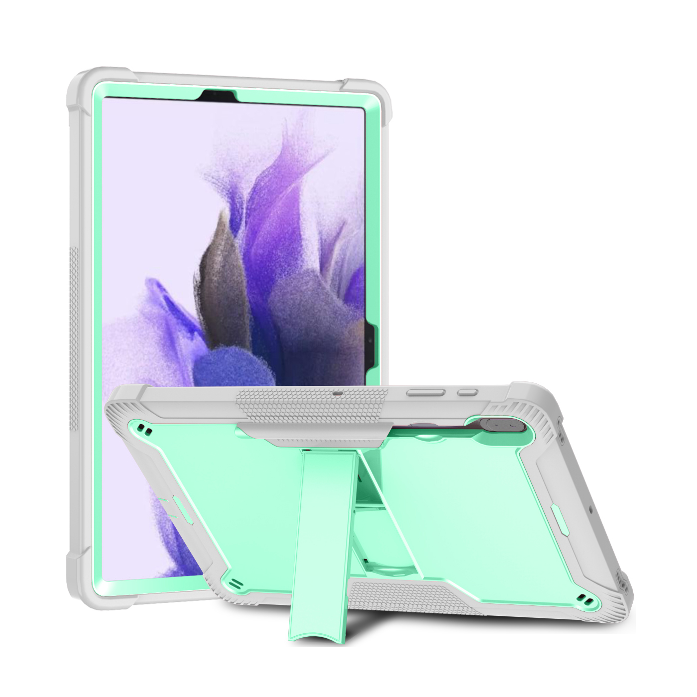 TOZIZO Mint Green + Gray Samsung Tab S7 FE Tablet Case 12.4 Inch Shockproof 3-Layer Rugged Cover with Kickstand