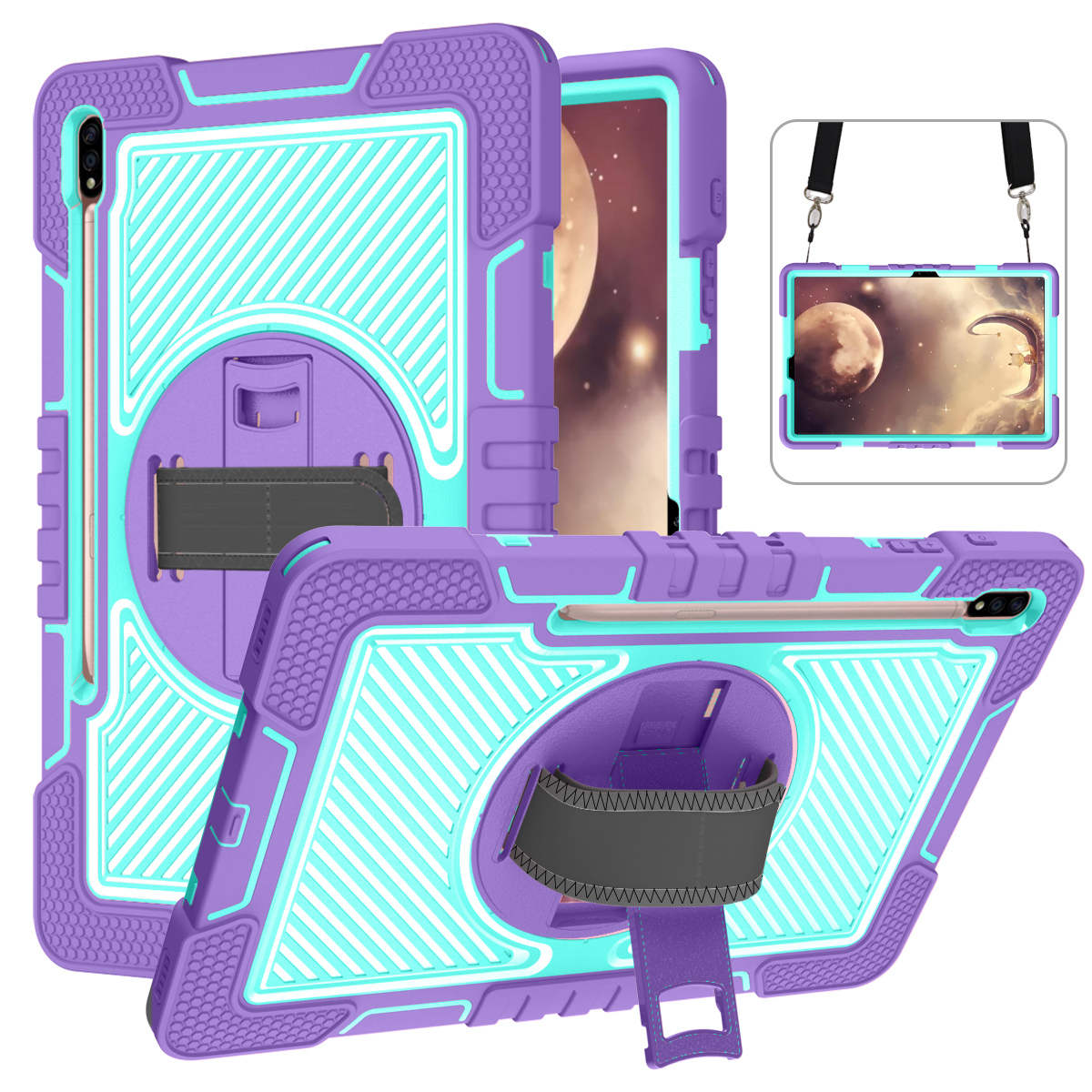 TOZIZO Silicone Rugged Kickstand Case for Samsung Tab S7 FE – Purple & Mint Green