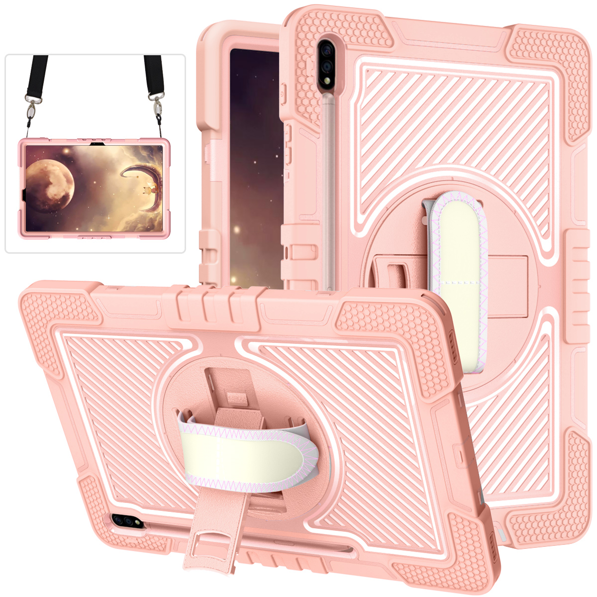 TOZIZO Full-Body Shockproof Pink Tablet Case for Samsung Tab S7 FE with Kickstand & Strap