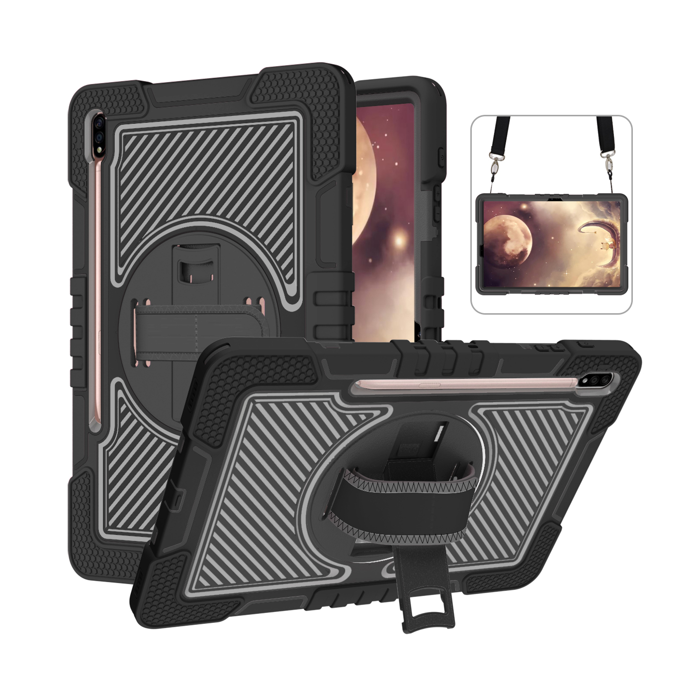 TOZIZO Black Rugged Shockproof Tablet Case for Samsung Tab S7 FE with Kickstand