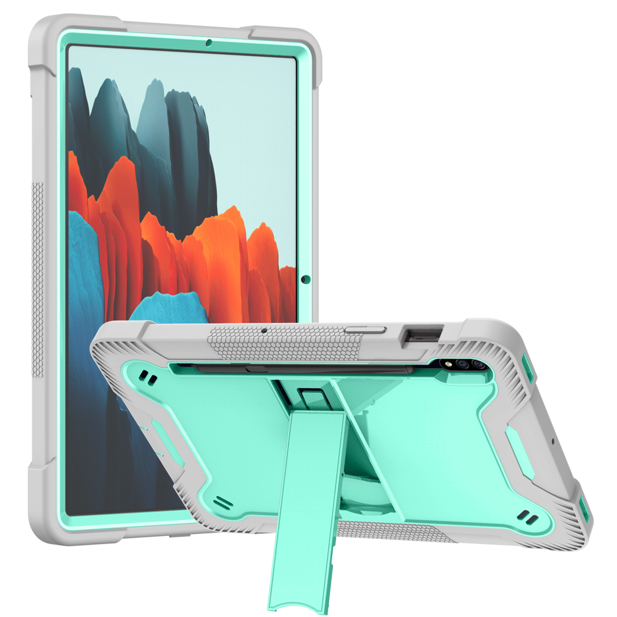 TOZIZO Mint Green + Gray Heavy Duty Samsung Galaxy Tab S7 / S8 11 Inch Tablet Case with Kickstand