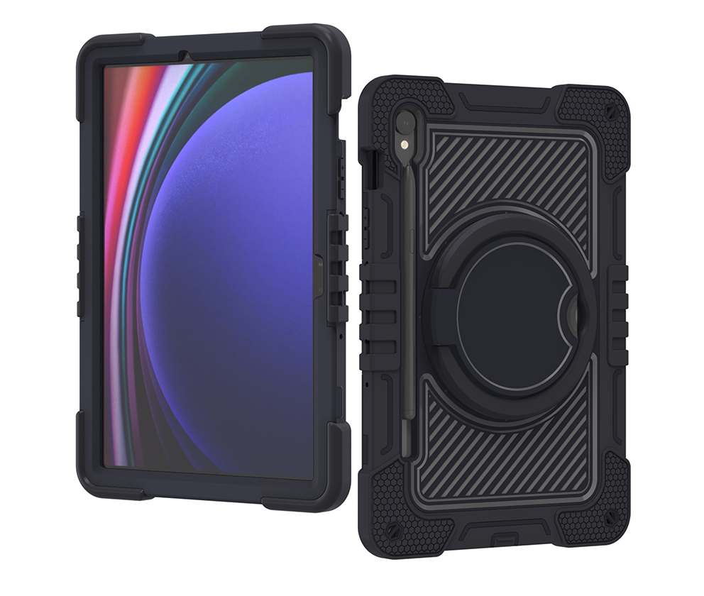 TOZIZO Samsung Tab S9 Heavy Duty Black Rugged Case with 360° Stand & Strap