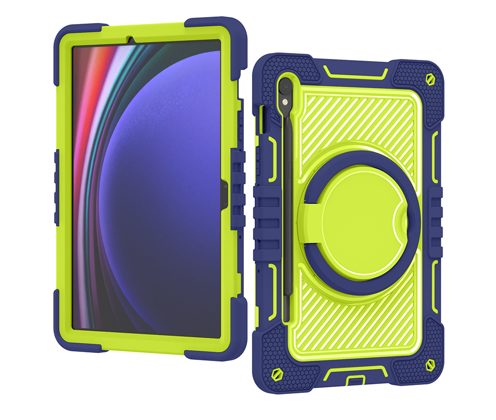 TOZIZO Samsung Galaxy Tab S9 Tablet Case - Heavy Duty Rugged Full Body Cover with 360° Rotation Stand (Navy Blue + Yellow-Green)
