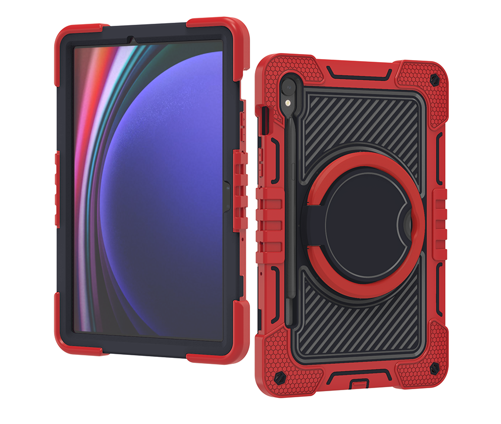 TOZIZO Rugged Samsung Galaxy Tab S9 Case with 360° Rotating Kickstand & Strap (Red + Black)